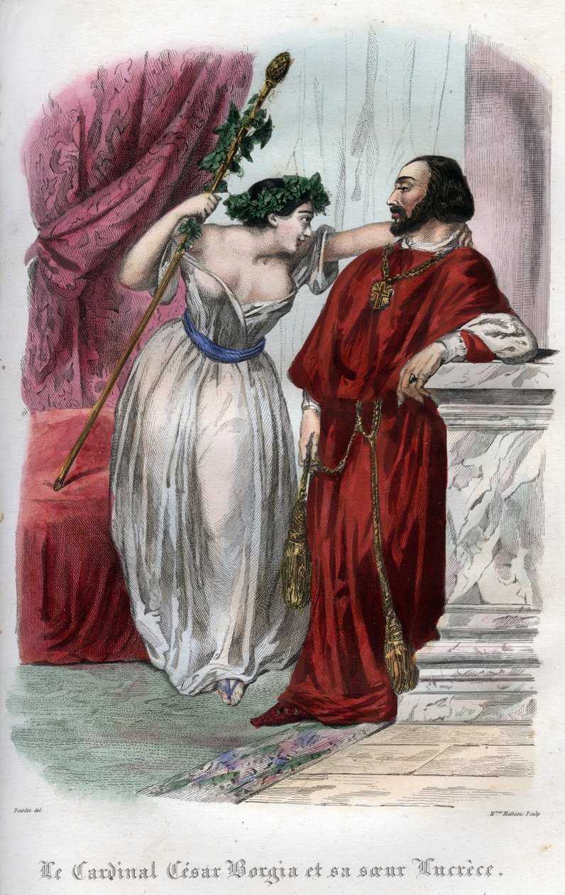 Lucrece Borgia (1480-1519) com seu irmão Cesar Borgia. (Lucrezia e Cesare Borgia). Gravura de 1842 em "Histoire des popes: crimes, assassinatos, envenenamentos, parricídios, adúlteros, incesto... por Maurice Lachatre. Coleção privada. de Unknown artist