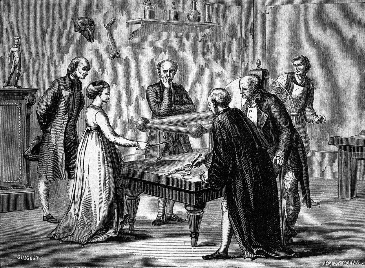 Luigi Galvani, professor em Bolonha, descobriu em 1780 a irritabilidade dos músculos dos sapos pela eletricidade. Gravura do século XIX. de Unknown artist