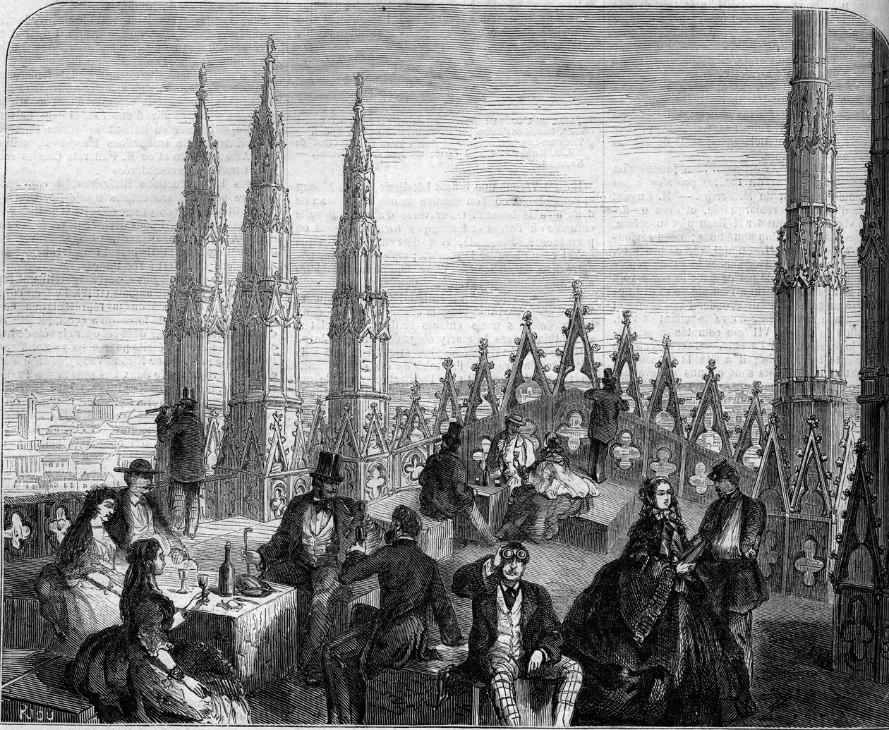 Almoço no terraço da cúpula da Catedral de Milão (Il Duomo). Itália de Unknown artist