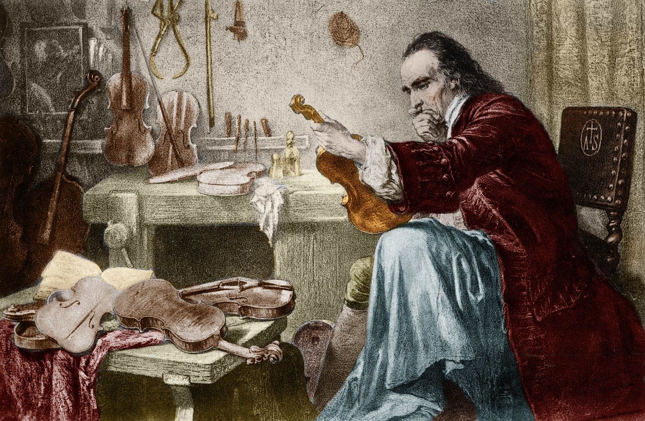 Luthier Stradivarius (Antonio Stradivari) (1644-1737) em sua oficina. Gravura de Hammann.Violin Designer Antonio Stradivari (Stradivarius) no Trabalho. de Unknown artist