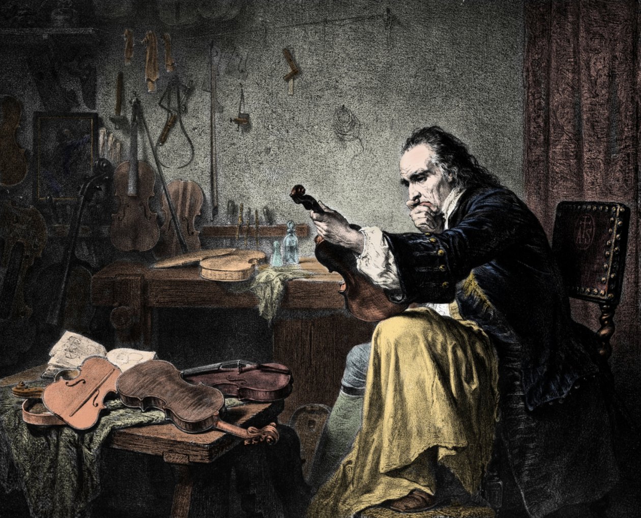 Luthier Stradivarius (Antonio Stradivari) (1644-1737) em sua oficina. Gravura de Hammann.Violin Designer Antonio Stradivari (Stradivarius) no Trabalho. de Unknown artist