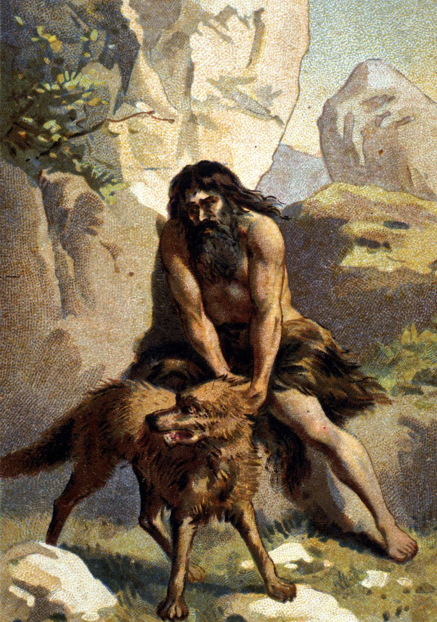 Lycantrophy: Delírio daquele que pensa que se transforma em lobo. Chromo do século XIX de Unknown artist