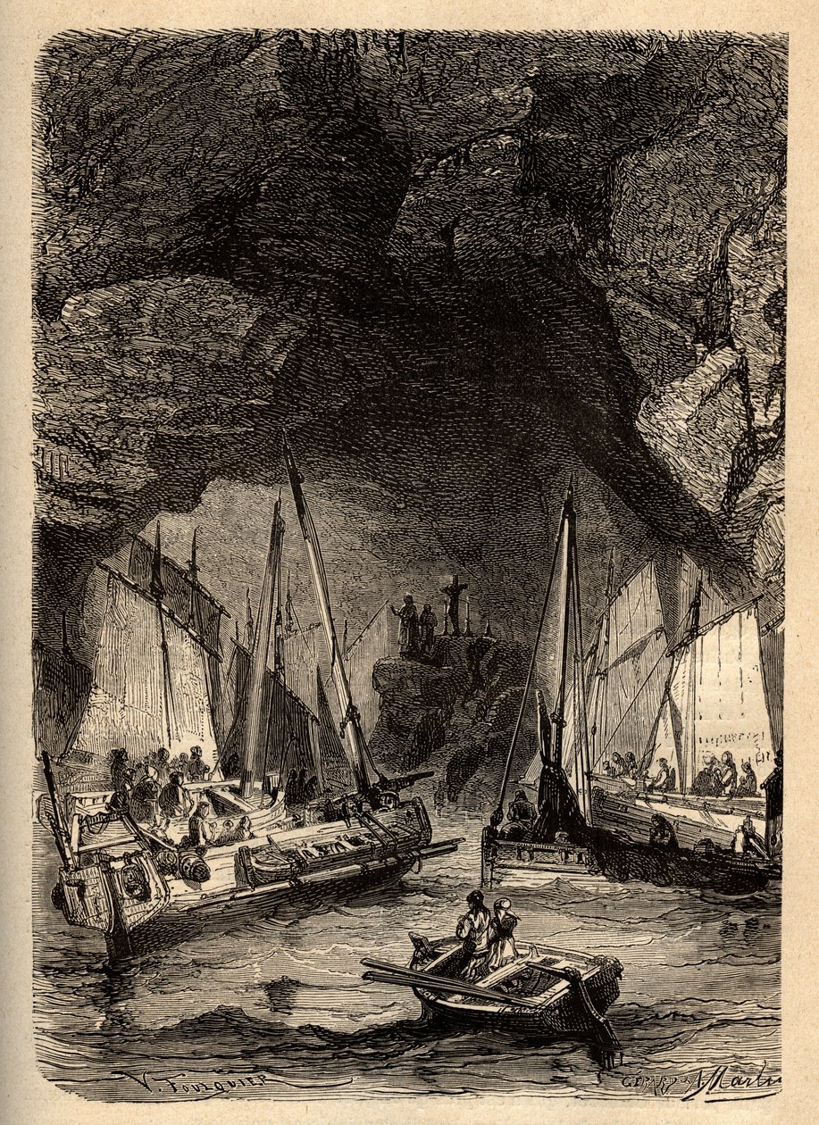 CAVAS DE MORGAT - Cavernas Marinhas de Morgat - Finistere - Brittany - gravura em "PATRIE" - DESCRIÇÃO PECTURESSE DE LA FRANCE EN 6 VOLUES BY LUCIEN HUARD - final do século XIX de Unknown artist