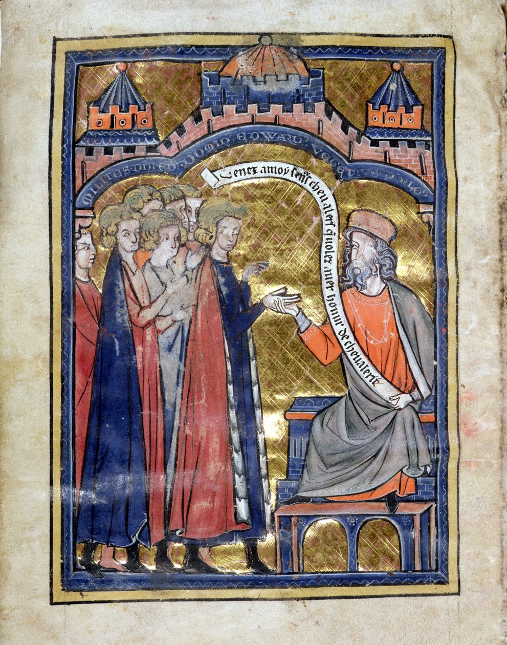 MS. Marlay. Add.1.f2b De Re Miliatari, Vegitius recebendo o jovem Príncipe Eduardo (1239-1307) e os seus companheiros, c.1270 (velino) de Unknown artist