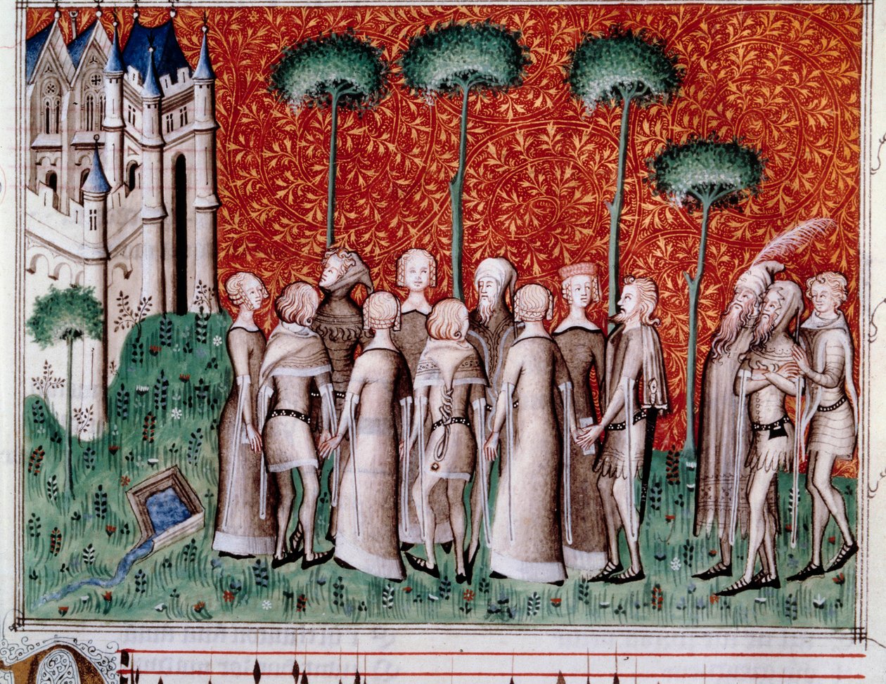 Machaut a encontrar a sua senhora. Miniatura de uma partitura em "Remede de Fortune" (Folio 51) de Guillaume de Machaut (v. 1300-1377), cerca de 1350-1355. de Unknown artist