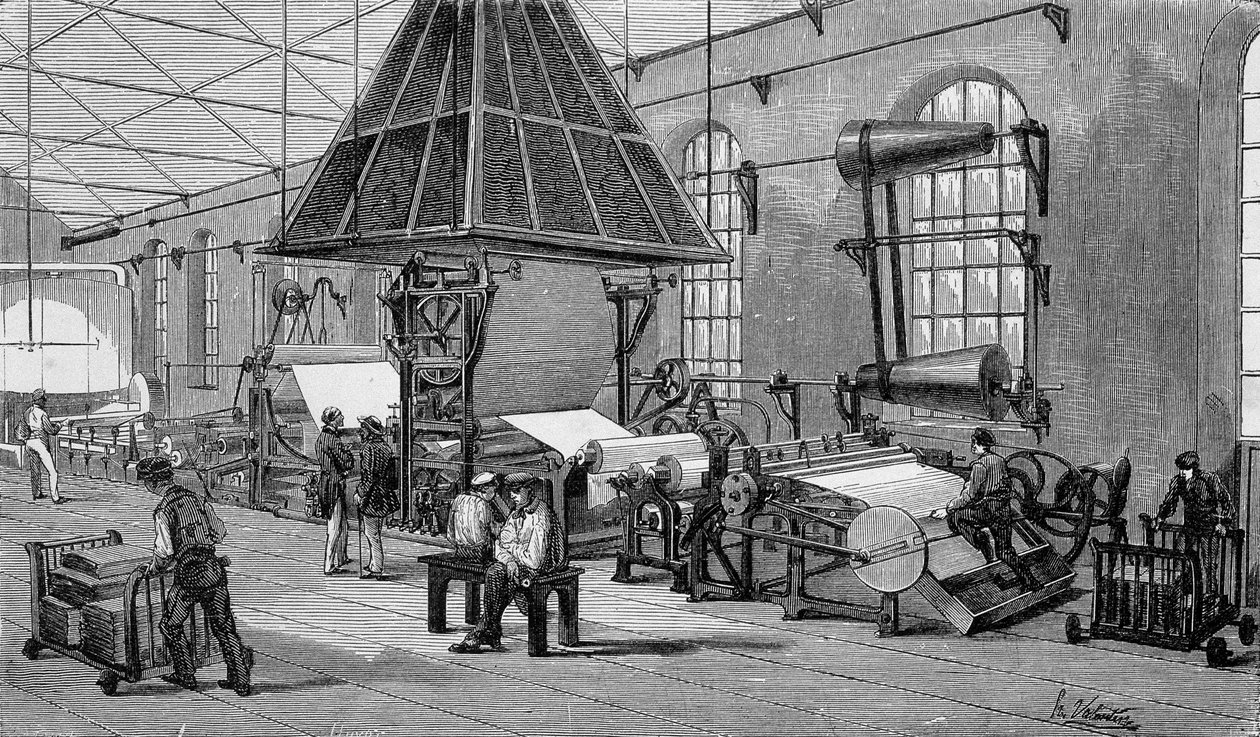 Máquina para fazer papel contínuo. Gravura do século XIX. de Unknown artist