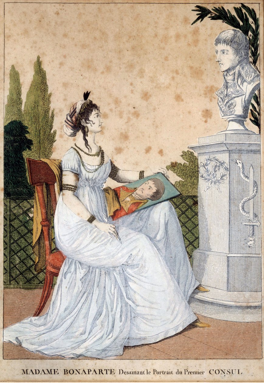 Madame Bonaparte desenha o retrato do Primeiro Cônsul Josephine de Beauharnais (1763-1814) em frente ao busto do seu marido Napoleão Bonaparte (1769-1821). Impressão anônima. 1799-1804. Sol 0,24x0,17 m Malmaison, musee du chateau. de Unknown artist