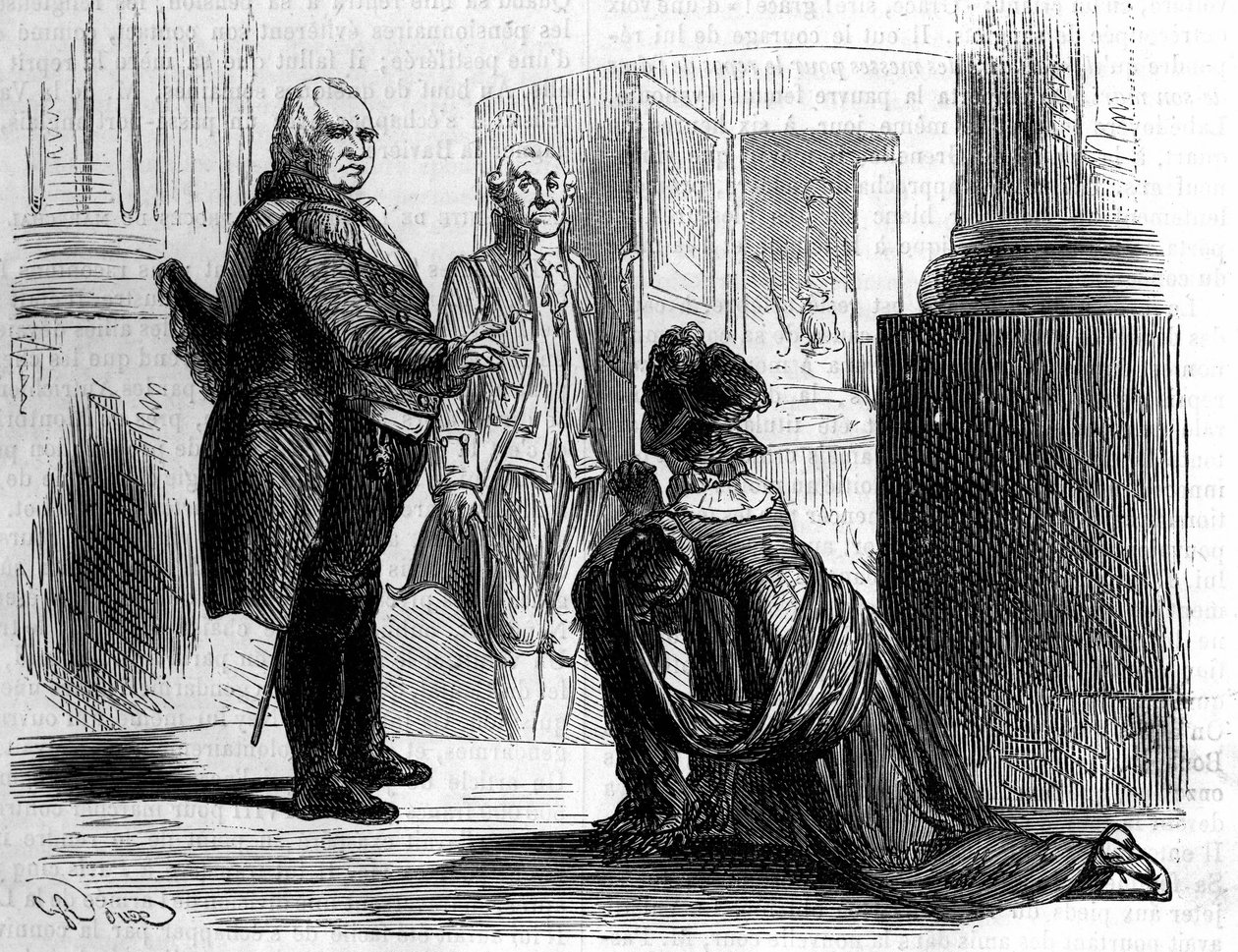 Madame a Condessa de Labedoyere nos joelhos de Luís XVIII Rei de França. de Unknown artist
