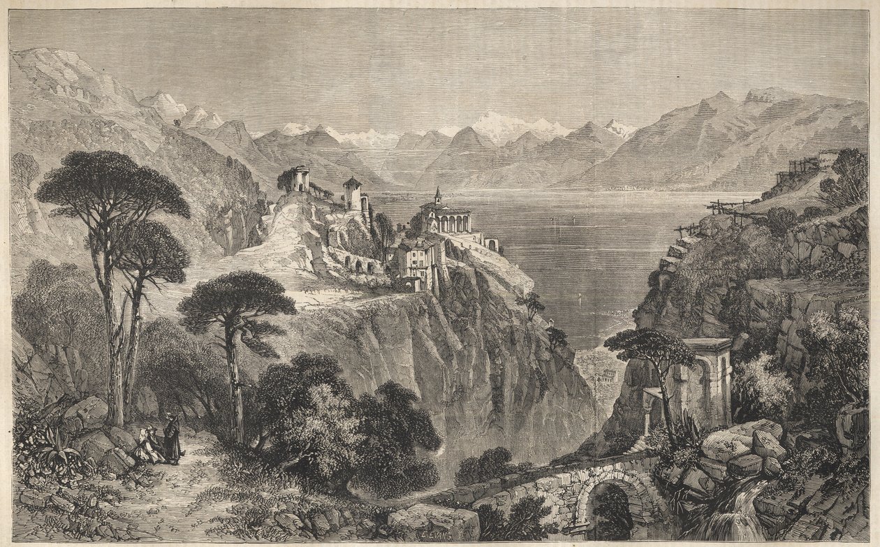 Madonna del Sasso, Suíça - O Convento de Nossa Senhora de Sasso - perto de Locarno no Lago Maggiore - Cantão do Ticino na Suíça - 1861 de Unknown artist