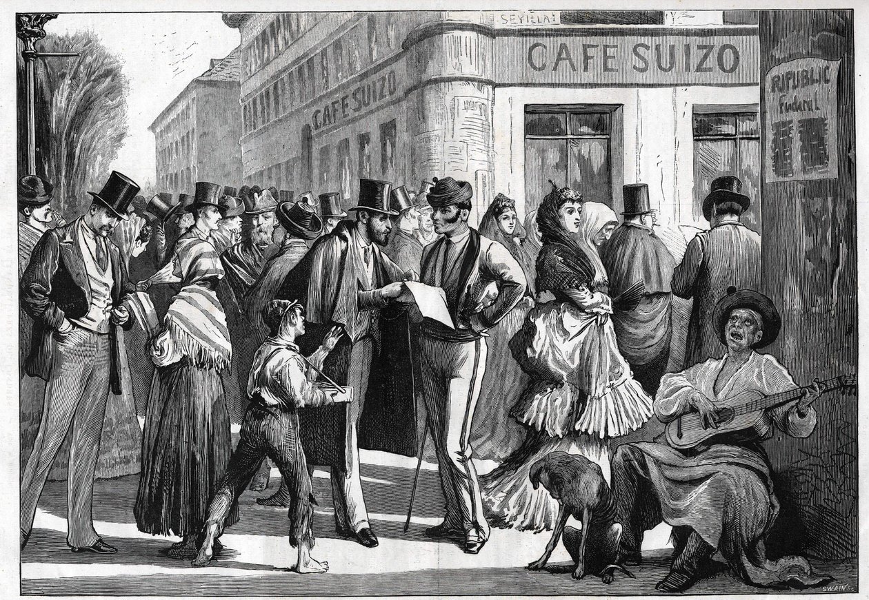 Madrid, em 1873. Caminhantes na esquina da Rua Sevilha com a Rua Alcalá. Gravura a partir de 1873. de Unknown artist