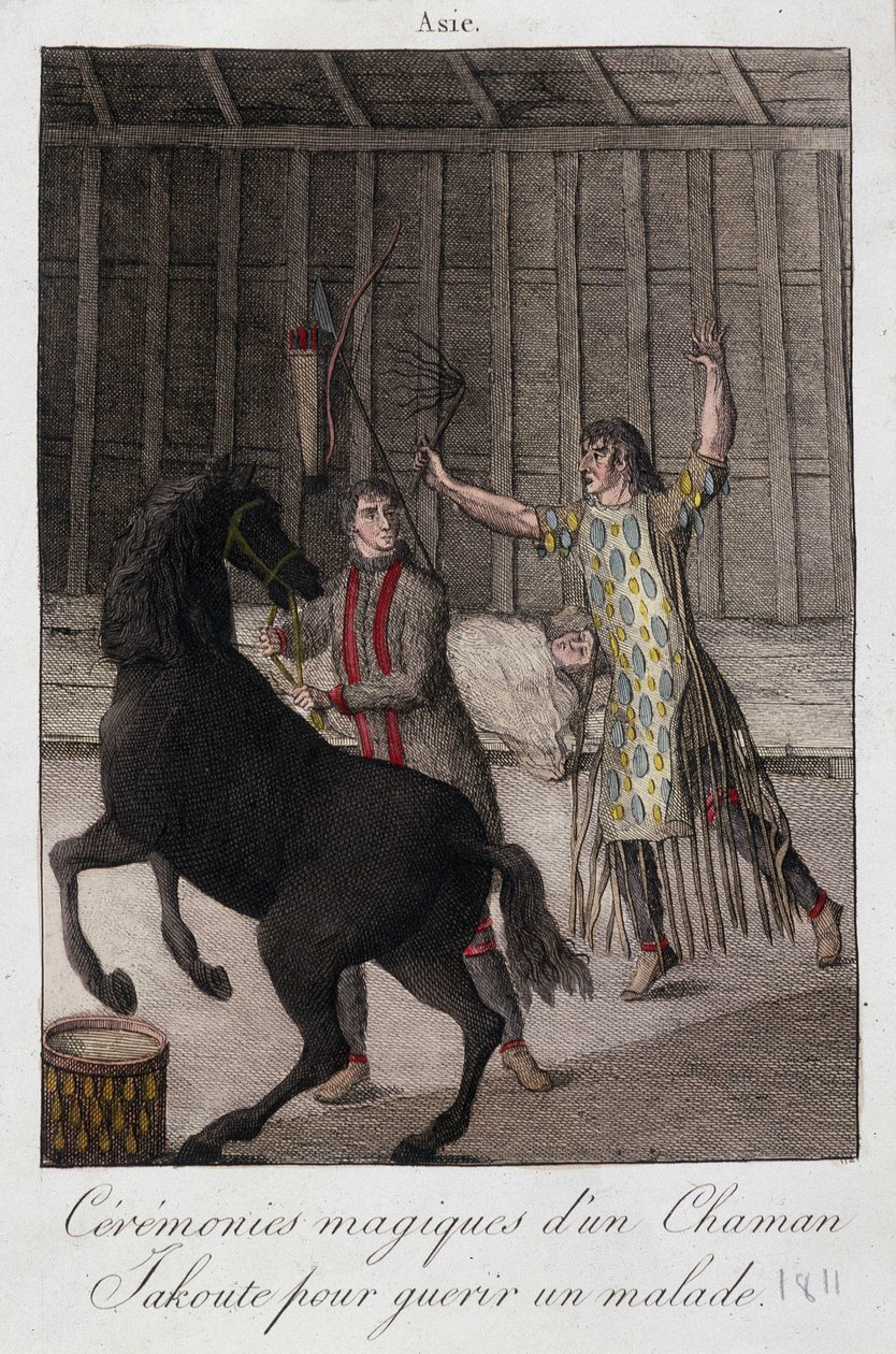 Cerimônia mágica de um xamã Yakoute (Yakoute) para curar um doente (Sibéria) - gravura, deb. Século XIX de Unknown artist