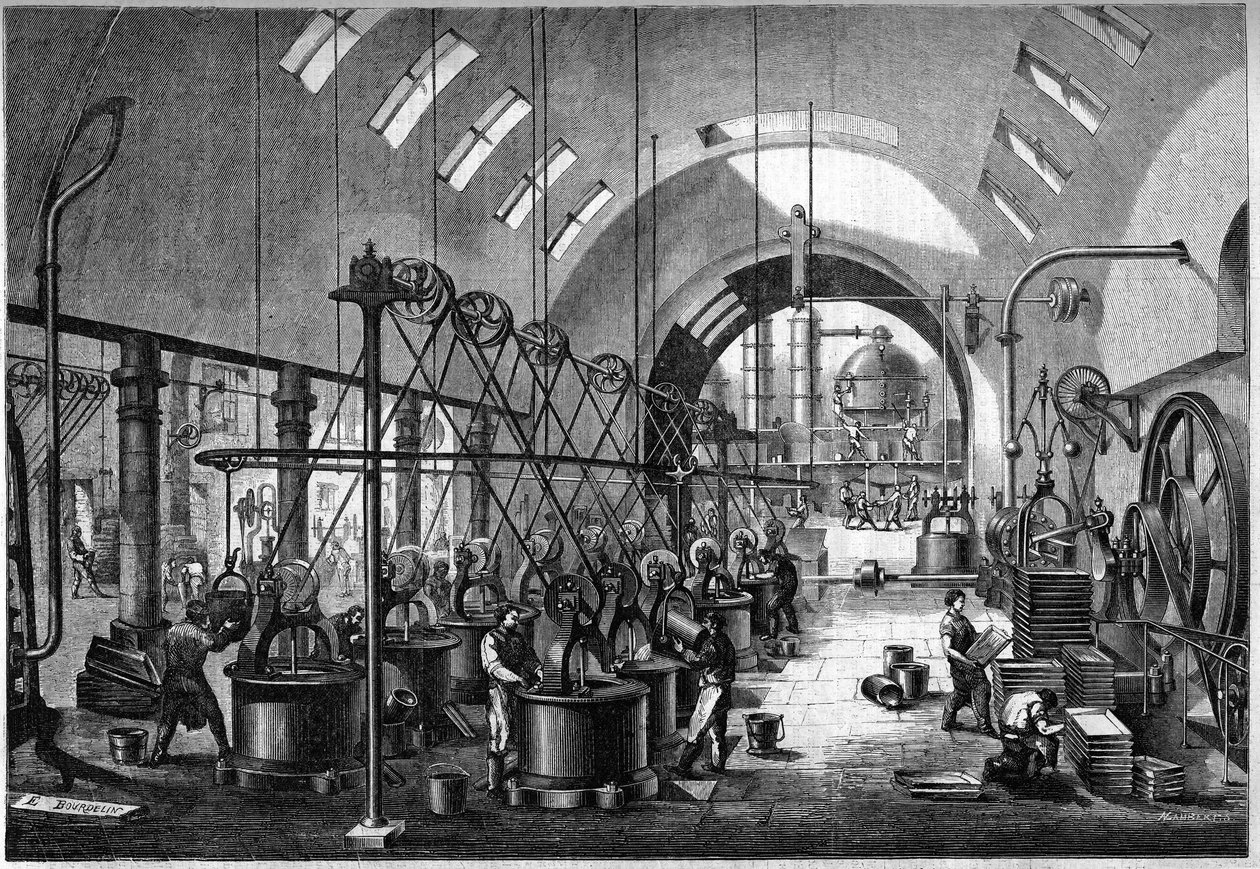 Principais oficinas da grande refinaria de açúcar de Launay, propriedade do Sr. Cedard, em Nantes, em 1864. de Unknown artist