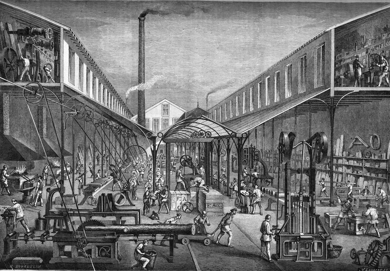 Principais indústrias do século XIX: oficinas de construção para serração e máquinas-ferramentas, de M. arbey a Paris, em 1865. de Unknown artist