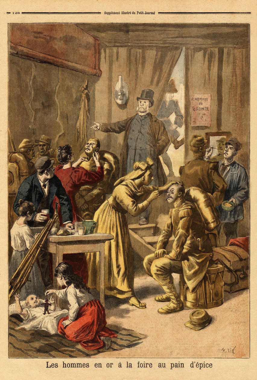 Composição de atores de uma pintura viva "homens em ouro" para a feira de gengibre. Gravura em "Le petit journal" 16/04/1894. Coleção da Selva. de Unknown artist