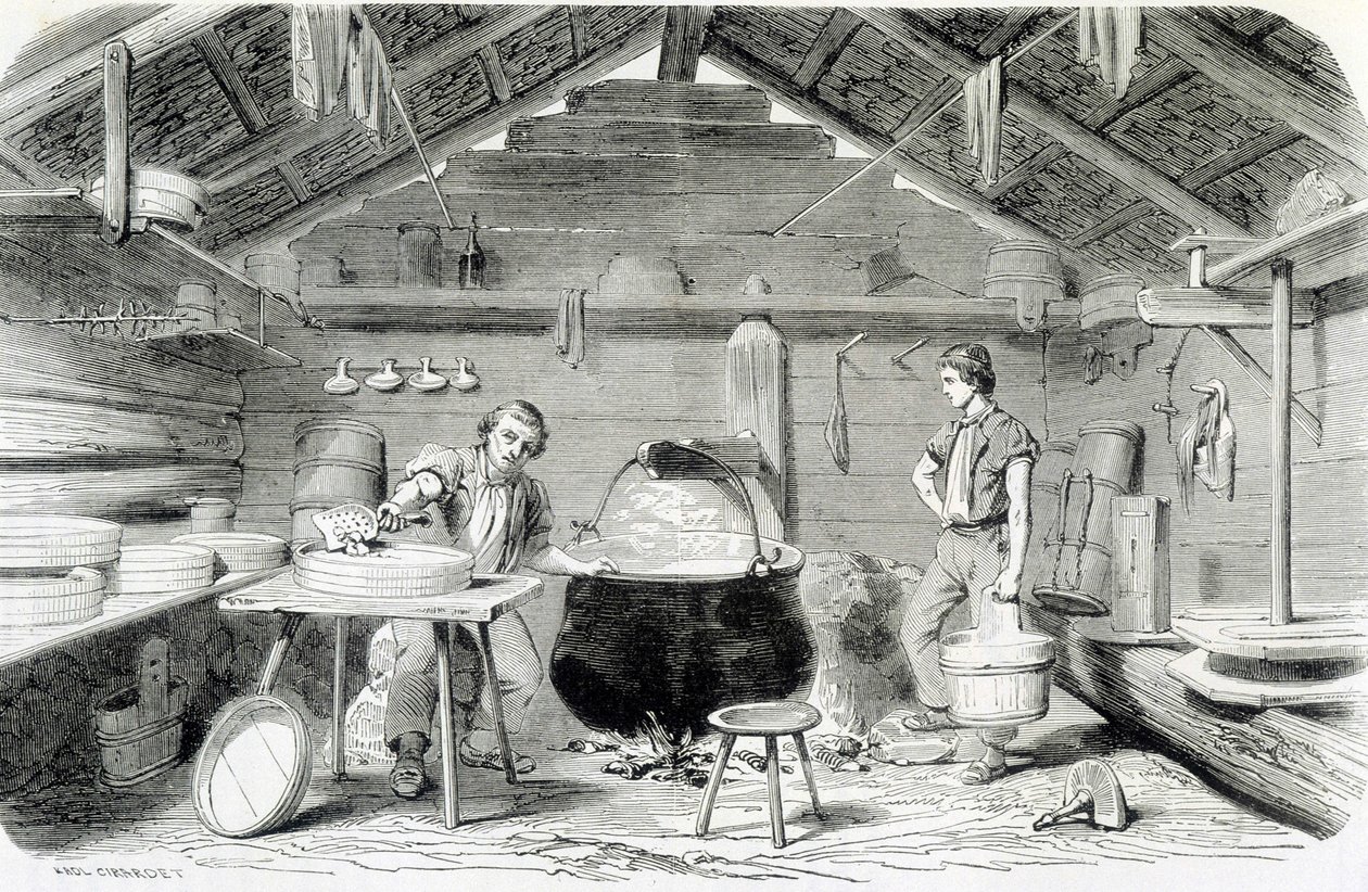 Fazer queijo Gruyère num chalé suíço, ou numa fábrica de queijo nos Alpes - em "The wonders of the industry" de Louis Figuier de Unknown artist