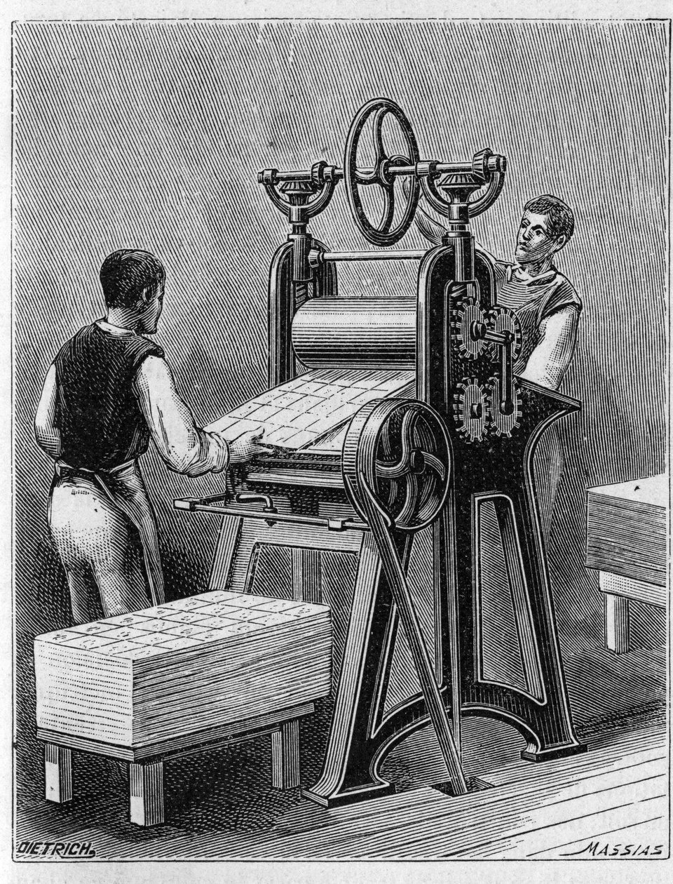 Fazendo cartas para jogar pelos métodos antigos. Cilindro de cartas de jogar. Gravação a partir de 1893. de Unknown artist