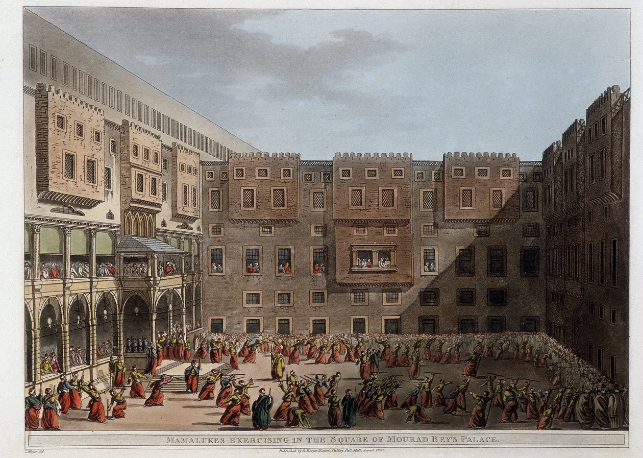 Mamluks praticando no pátio do Palácio Mourad Bey - em "Vistas no Egito, Palestina e outras partes do Império Otomano". de Unknown artist