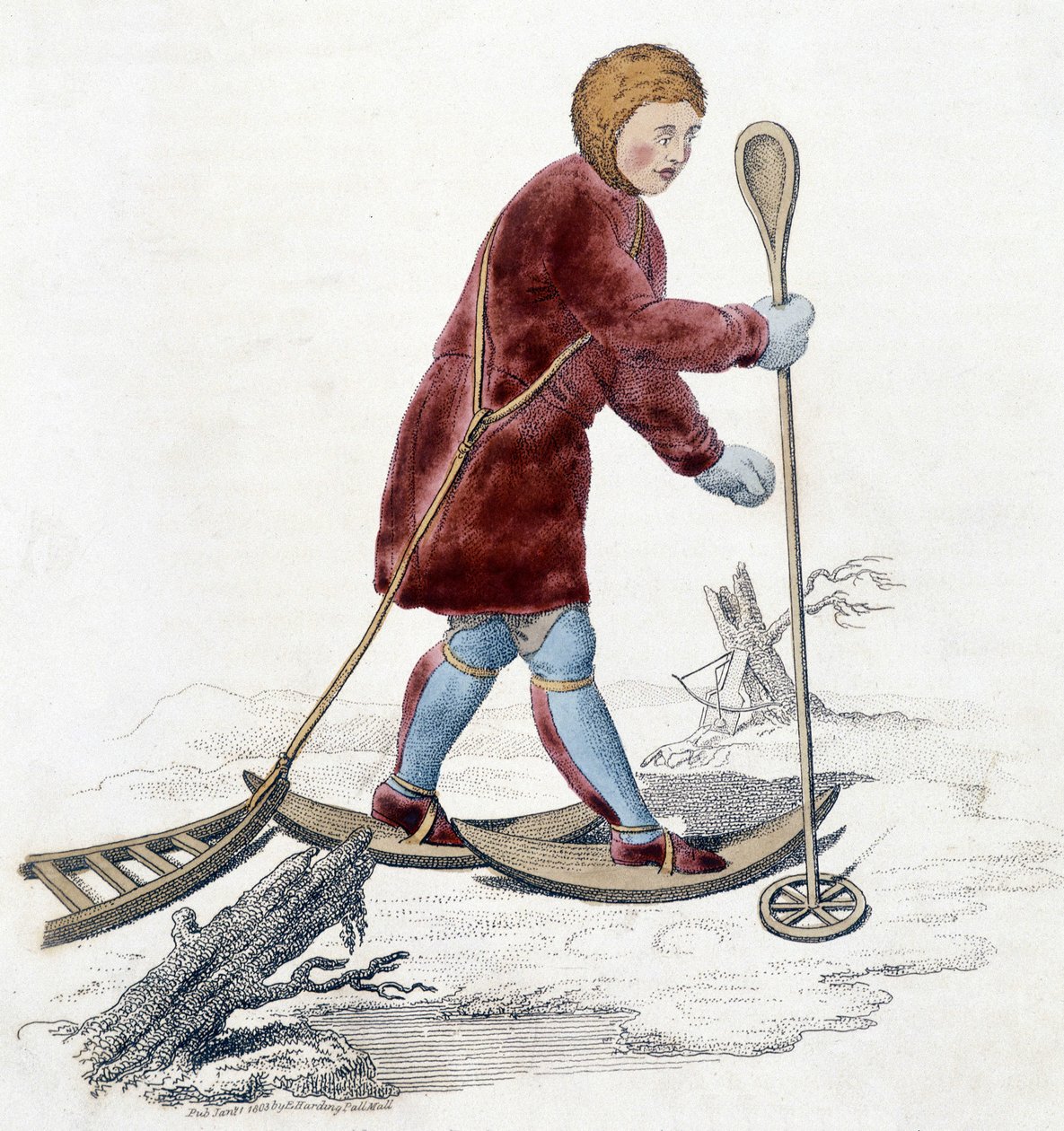 Homem da tribo Ostiak (Khanty ou Khante) (tribo caçadora paleosiberiana estabelecida na área florestal do vale do Ob médio) caçando ermine. Ilustração de 1803. de Unknown artist