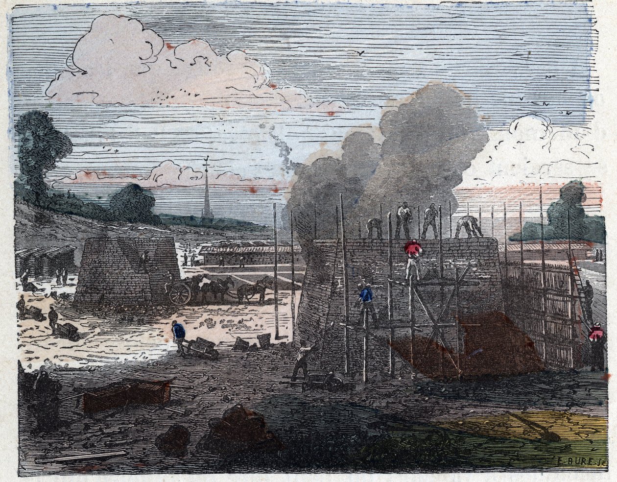 Fabricação de um tijolo no século XIX: cozinha. Os tijolos são colocados em camadas e depois cobertos com terra antes de atear fogo. Gravura no final do século XIX. de Unknown artist