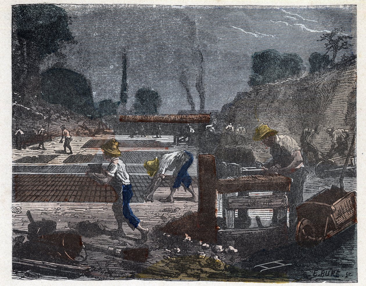 Fabricação de um tijolo no século XIX: o operário de moldes enche o seu molde com pasta de barro, depois o aprendiz coloca o tijolo no chão para o secar. Gravura no final do século XIX. de Unknown artist