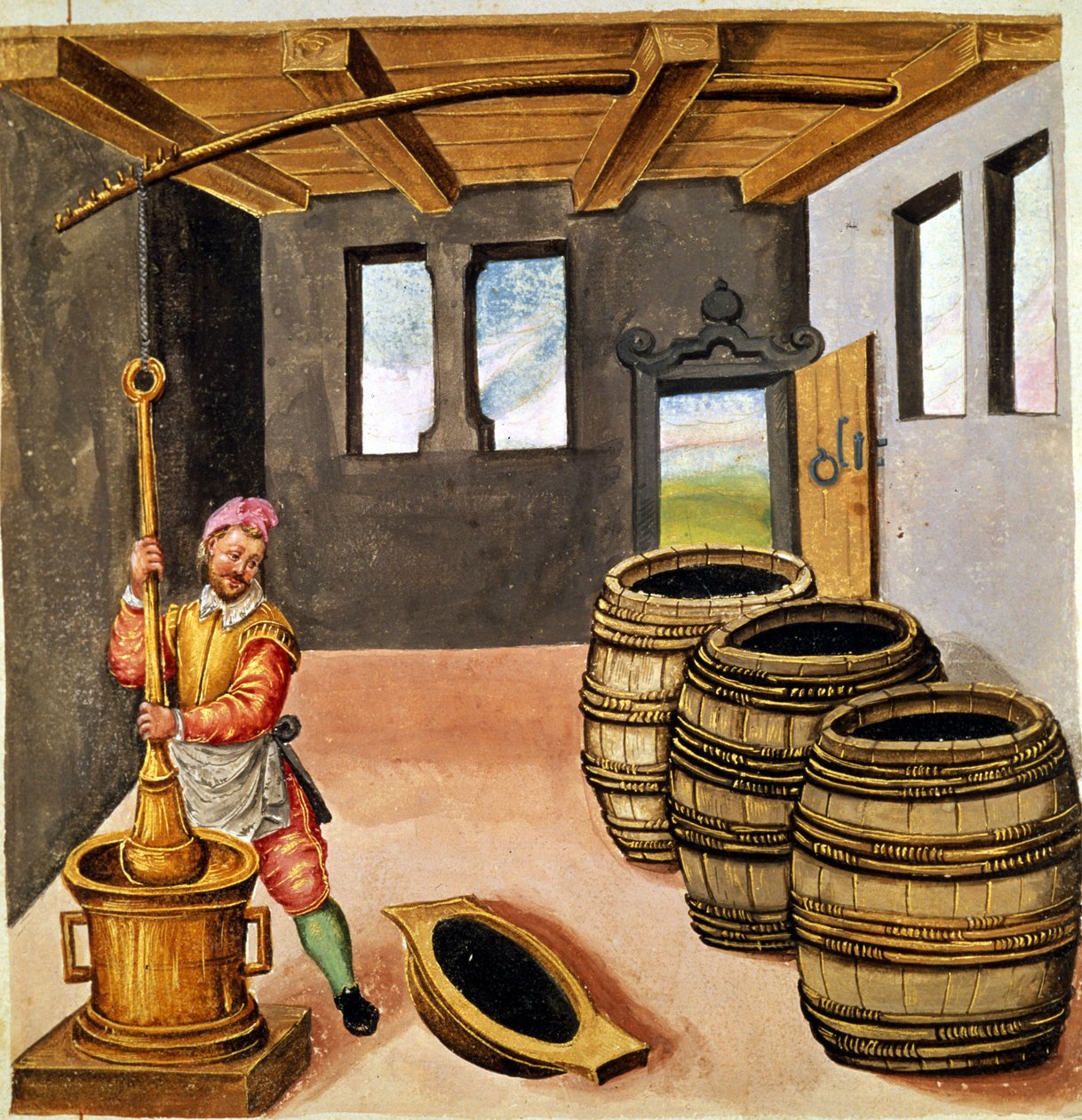 Fabricação de pó preto - em "Manuale di pirotechnia, armeria e fortificazioni" do século XVI. de Unknown artist