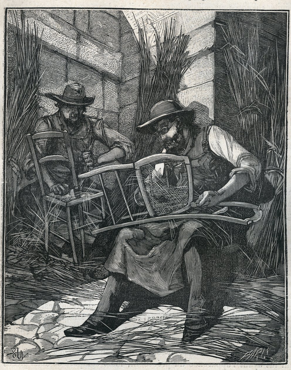 Fabrico de cadeiras: cobertura e enlatamento de cadeiras. Gravura de 1885 em "Les arts et metiers illustres" de Adolphe BITARD. de Unknown artist