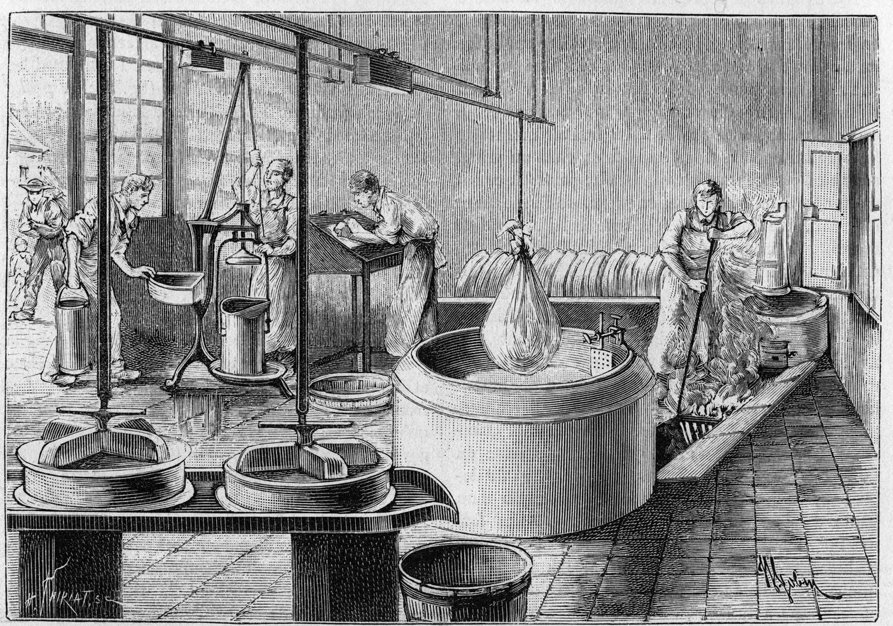 Fabricação de gruyere: uma moderna fábrica de queijo. Gravura em "La Nature: Revue des sciences et de leurs applications aux arts et a l