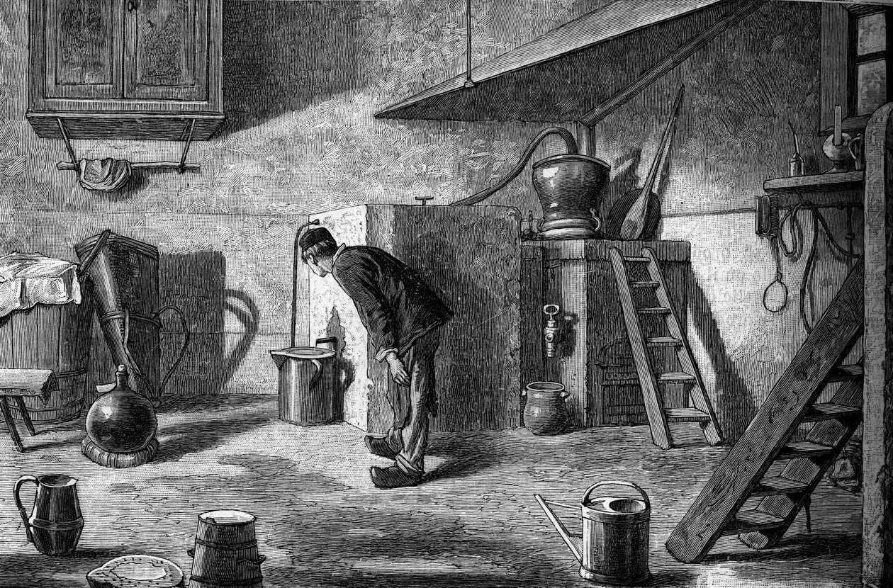 Fabricação de kirsch: destilação, castelo de Isenberg na Alsácia. Gravura em "Le Journal de la jeunesse". de Unknown artist