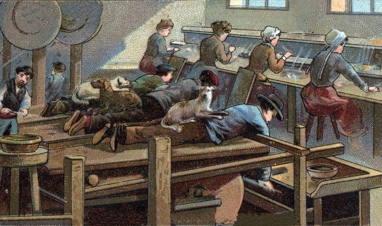 Fabricação de facas, oficina de moldagem. Cromolitografia do final do século XIX de Unknown artist