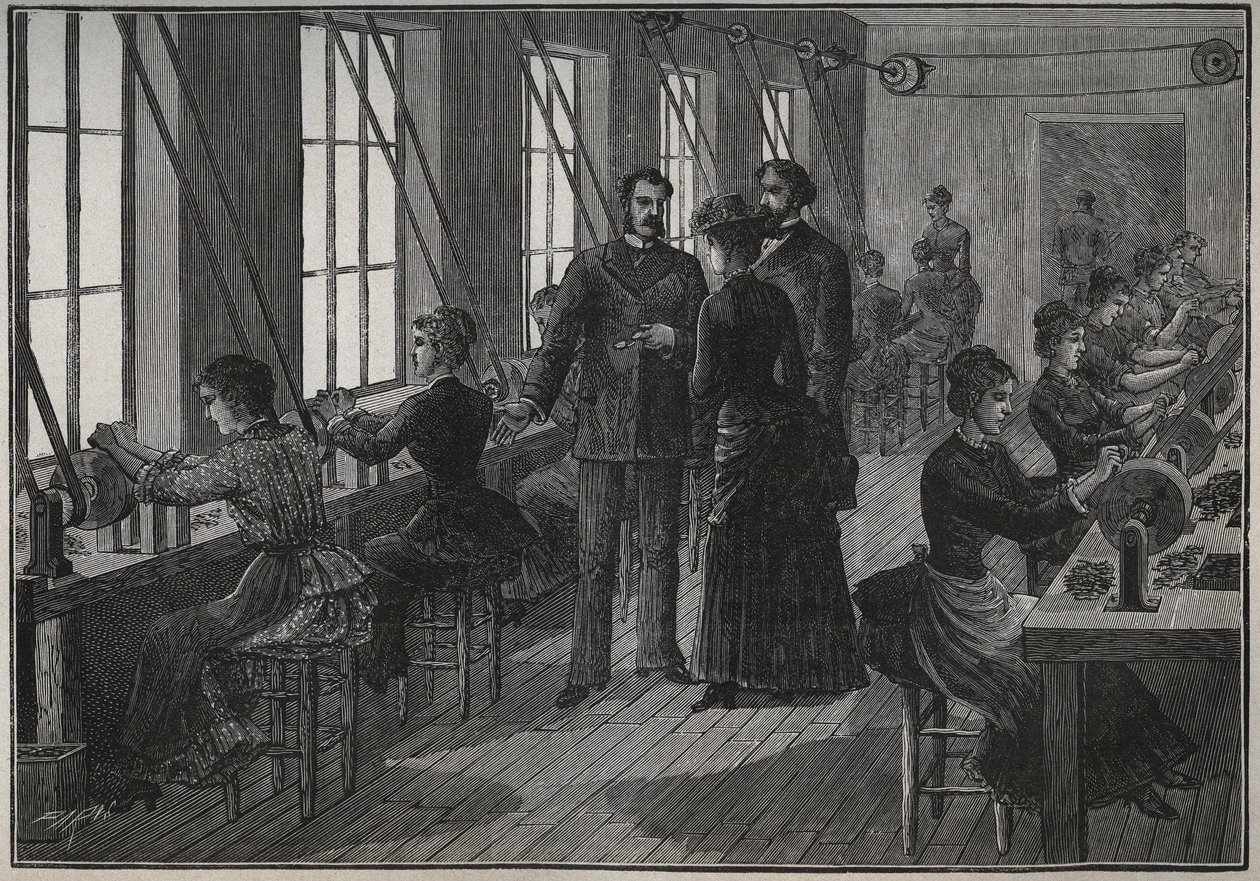 Fabricação de plumas metálicas: oficina de afiação em França no século XIX. Gravura de 1885 em "Les arts et metiers illustres" de Adolphe BITARD. de Unknown artist
