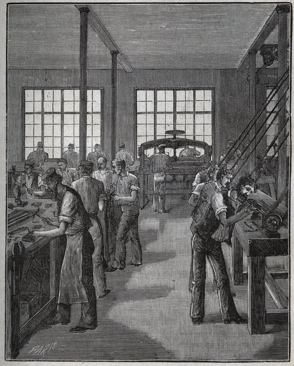 Fabricação de porta-lápis (porta-lápis) e porta-lápis (porta-lápis). Gravura de 1885 em "Les arts et metiers illustres" de Adolphe BITARD. de Unknown artist