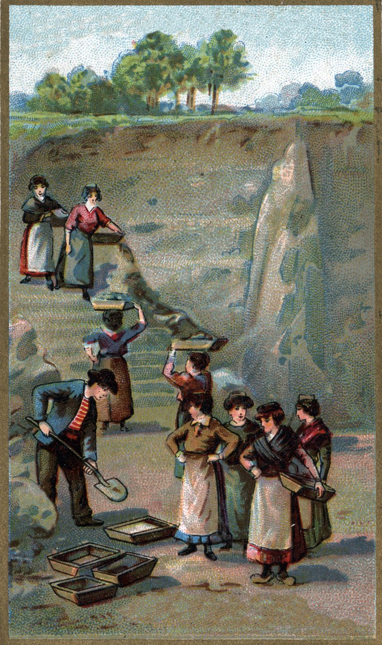 Fabricação de porcelana, pedreira de caulim. Cromolitografia do final do século XIX. de Unknown artist
