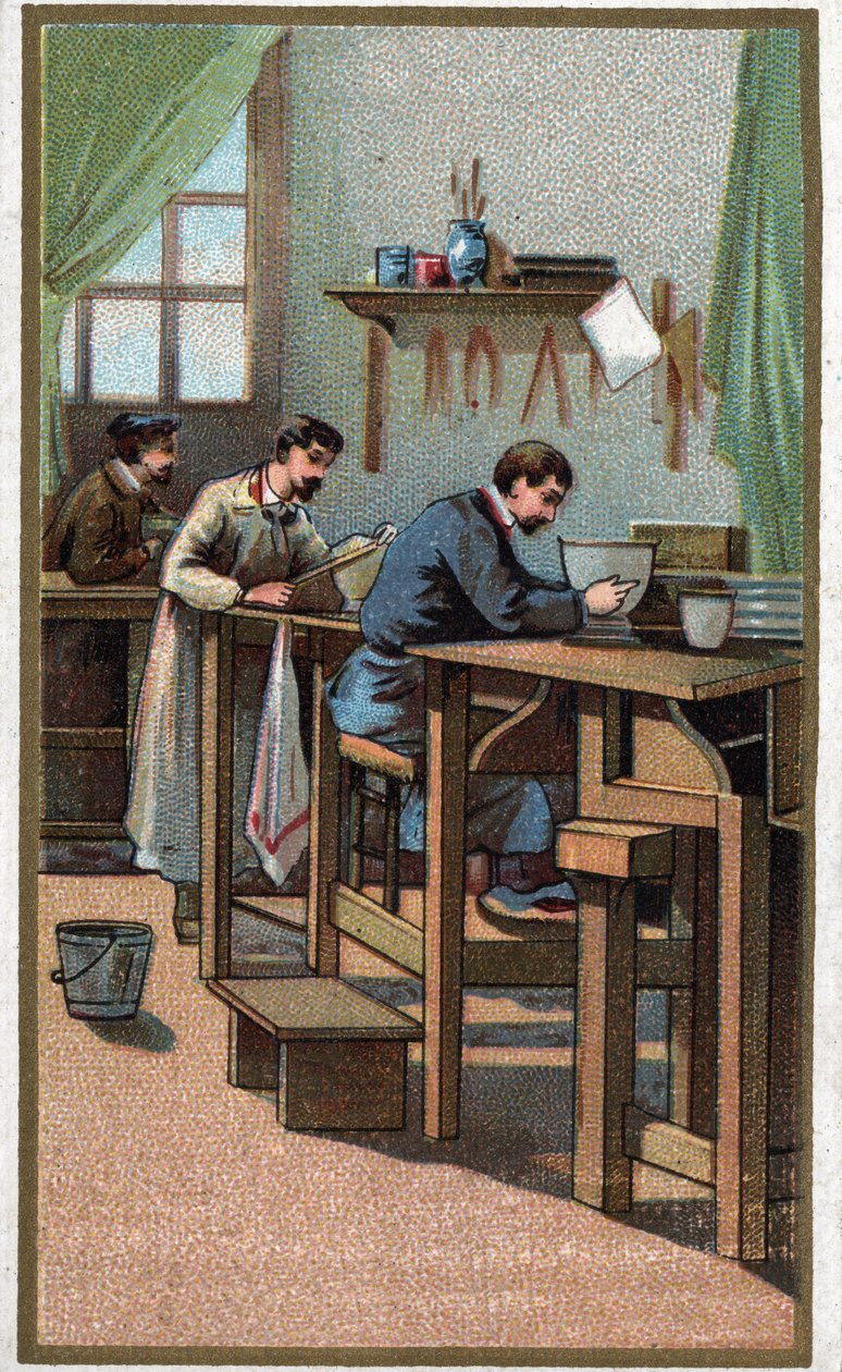 Fabricação de porcelana: torneamento. Cromolitografia do final do século XIX. de Unknown artist