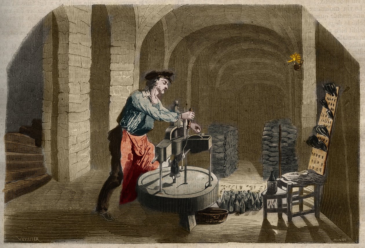 Fabricação de vinho espumante Champagne: máquina de engarrafar utilizada numa adega. Gravura de 1858 em "Le Musee Des Sciences". de Unknown artist