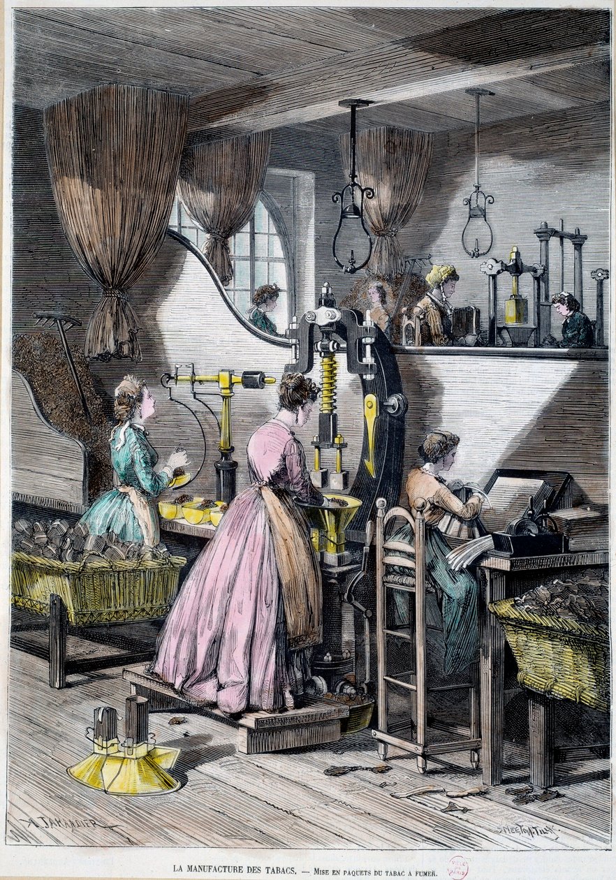 Fabrico de tabaco, embalagem de tabaco para fumar. Litografia de 1867 Paris, Musee Carnavalet de Unknown artist