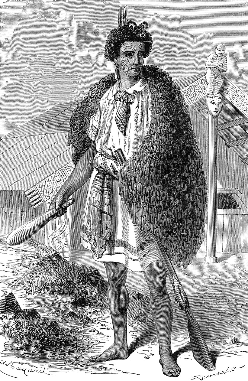 Chefe Maori nas imediações de AUCKLAND, Nova Zelândia. Gravura de 1885 de Unknown artist