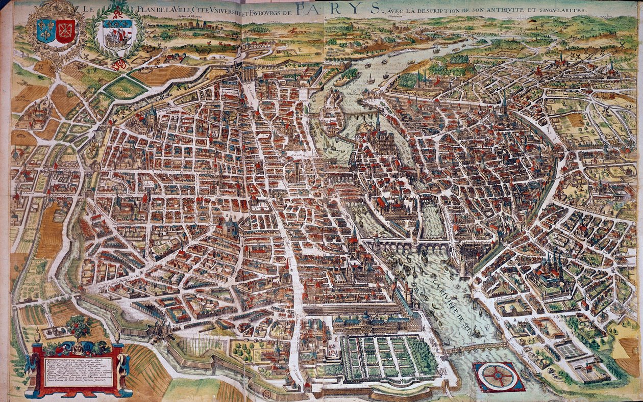 Mapa e mapa de Paris com vista para as ilhas e subúrbios. Século XVII. Paris, B.N. de Unknown artist