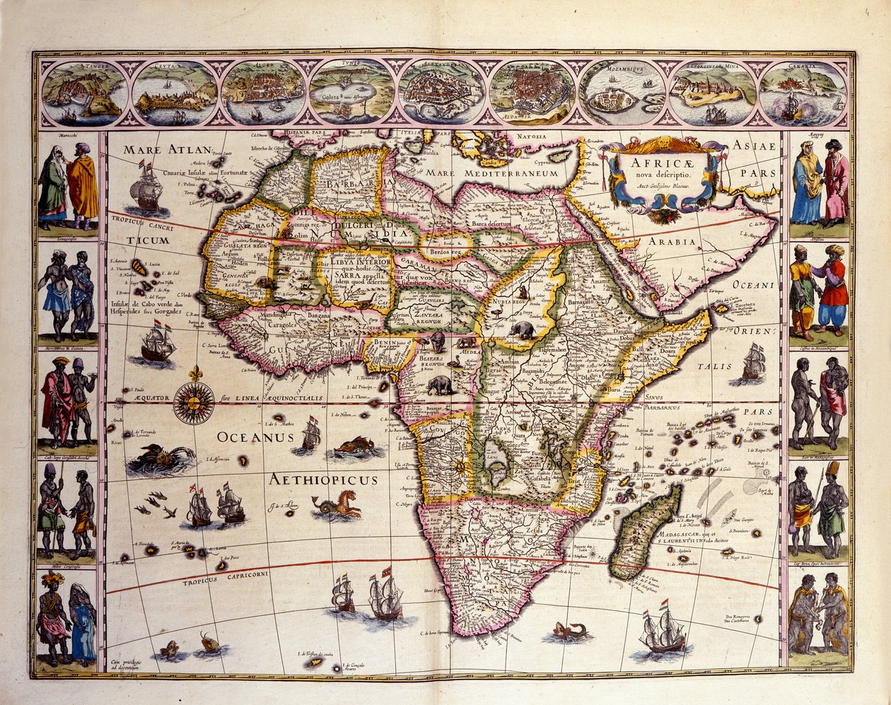 Mapa de África a partir do Atlas de William Blaeu. No topo estão as cidades de Tânger, ceuta, Argel, Tunes, Alexandria, Alcair, Moçambique, Saint Georges de la Mina, Ilhas Canárias. Várias ilhas estão também representadas ao largo de África, as Ilhas Masca de Unknown artist