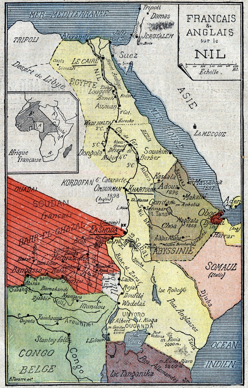 Mapa dos territórios africanos colonizados por franceses e ingleses ao longo do Nilo. Ilustração em "Le Pelerin" de 2 de outubro de Unknown artist