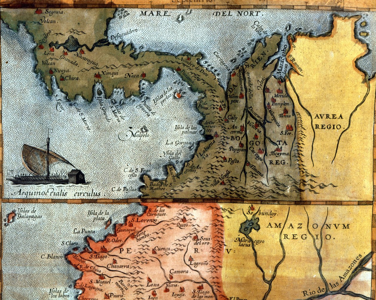 Mapa da América Central no século XVI: acima mostra as regiões do Peru, Amazônia e Bogotá (Panamá, Colômbia e Venezuela). de Unknown artist