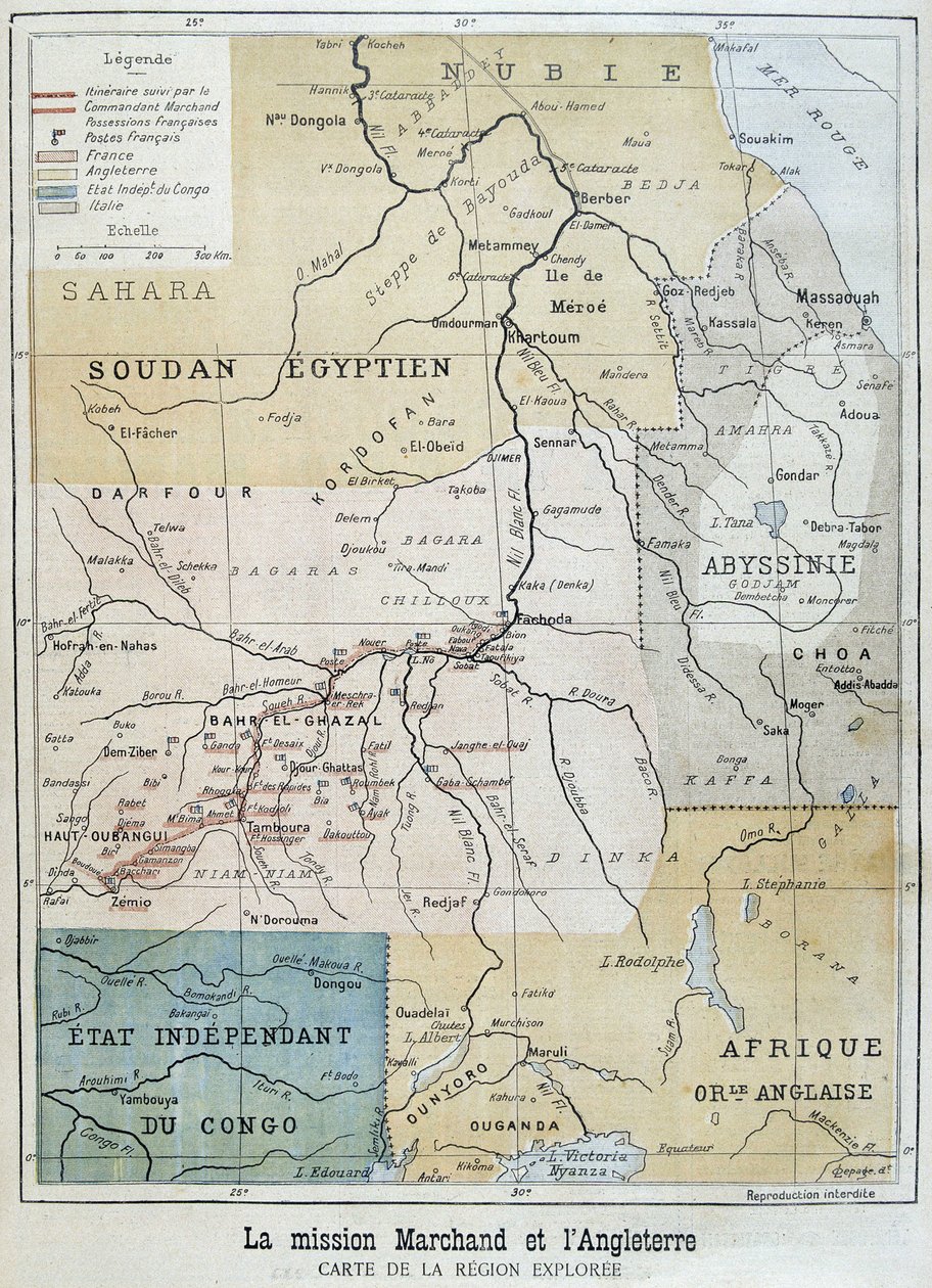 Mapa da área explorada pela Missão Marchand - no "Le Petite Journal" de 10/09/1898 de Unknown artist