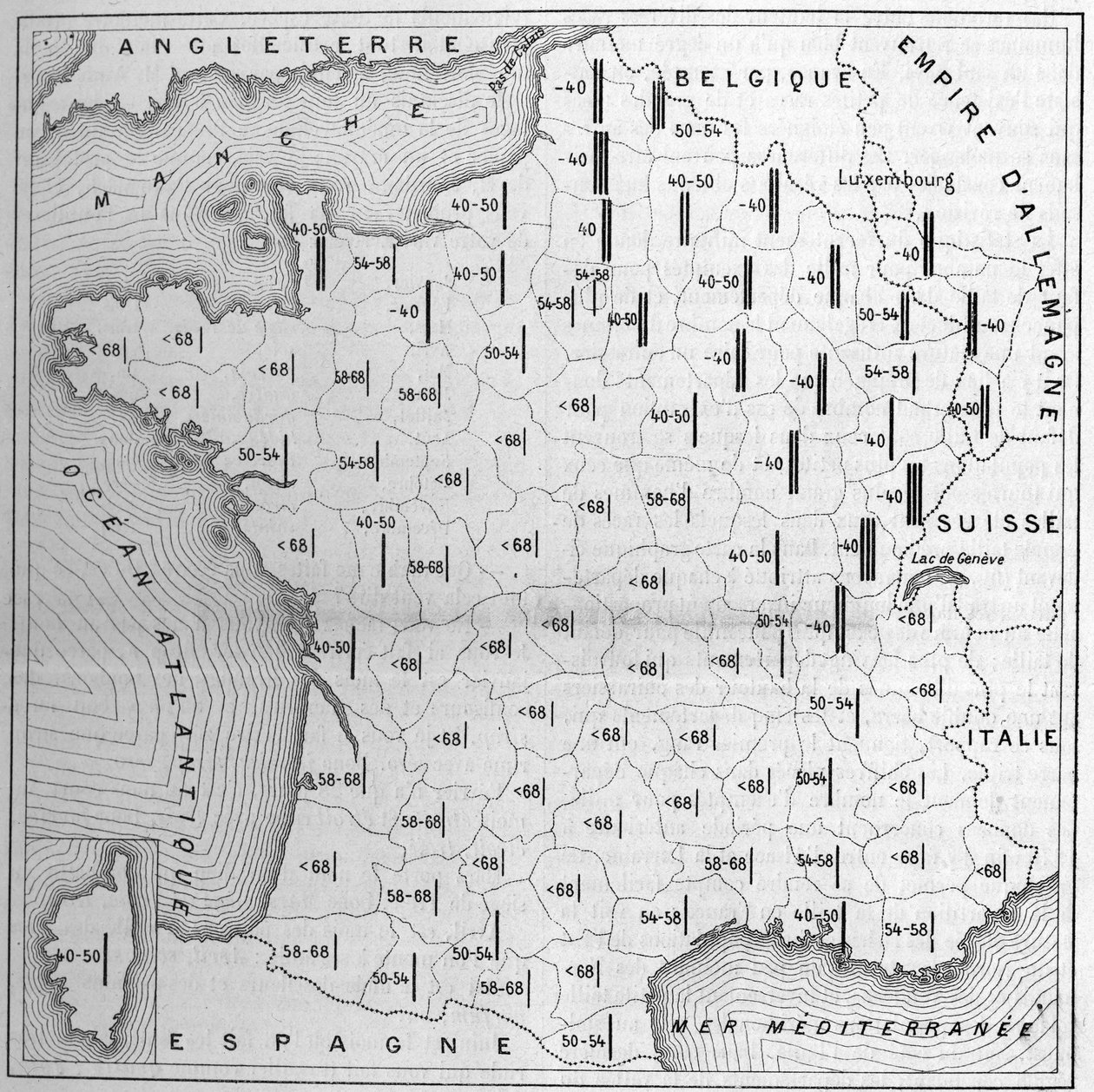 Mapa da distribuição da estatura na França: a altura das barras é inversamente proporcional para cada departamento ao número de recrutas isentos de defeitos de tamanho, mais de 1000 exames. Os números dão esse número por 100. Os vinte departamentos, desde  de Unknown artist