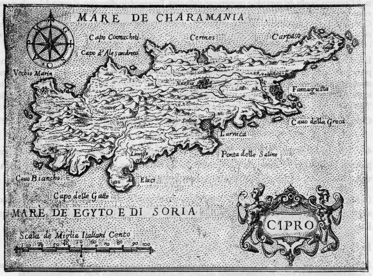 Mapa da ilha do Chipre (cipro) em 1587 em "Il devotissimo viaggio di Gerusalemme". de Unknown artist