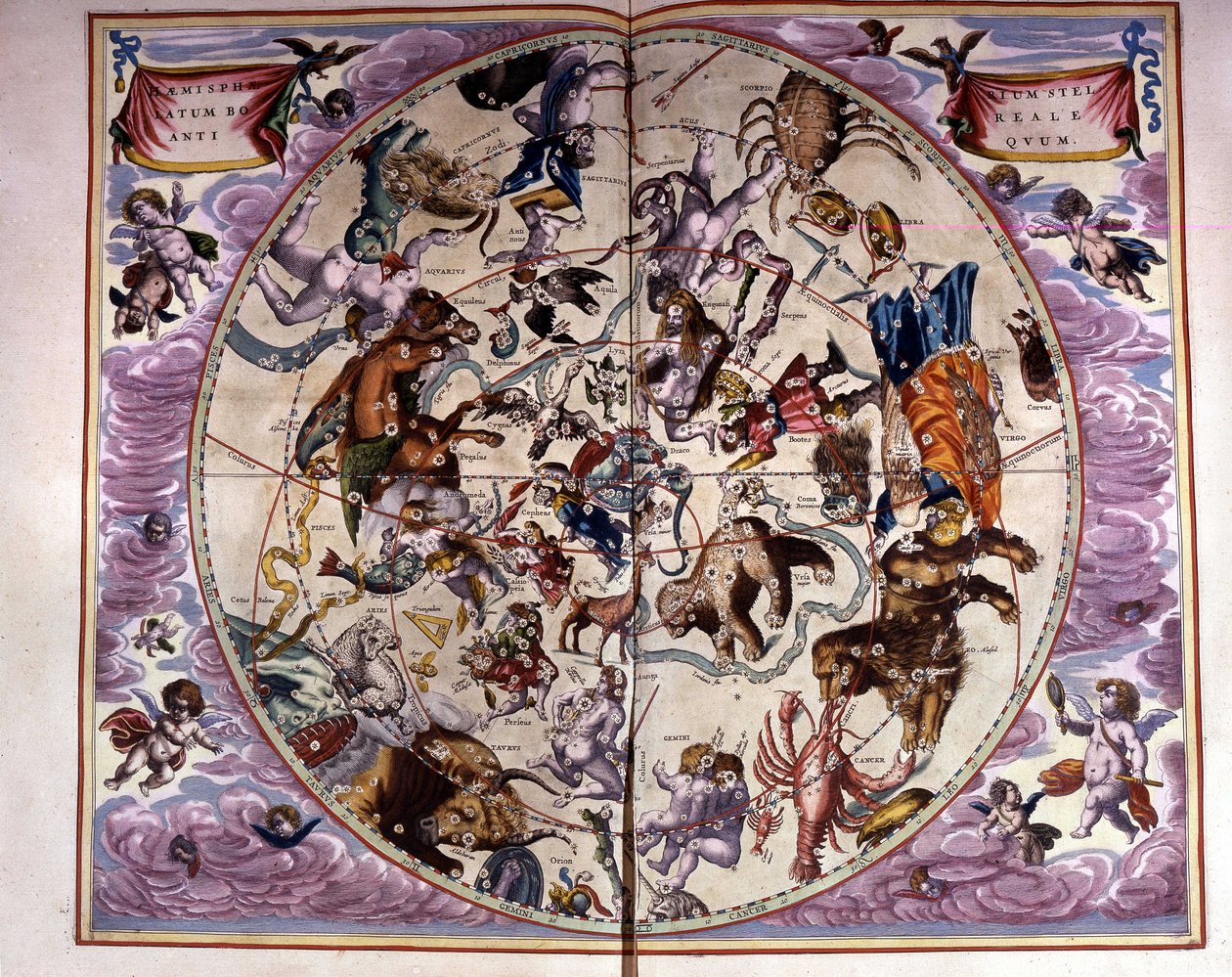 Mapa do céu e signos do zodíaco - fac-símile de uma composição antiga representando as constelações do céu do norte, segundo a "Harmonia Macrocosmica" de André Cellarius de Unknown artist