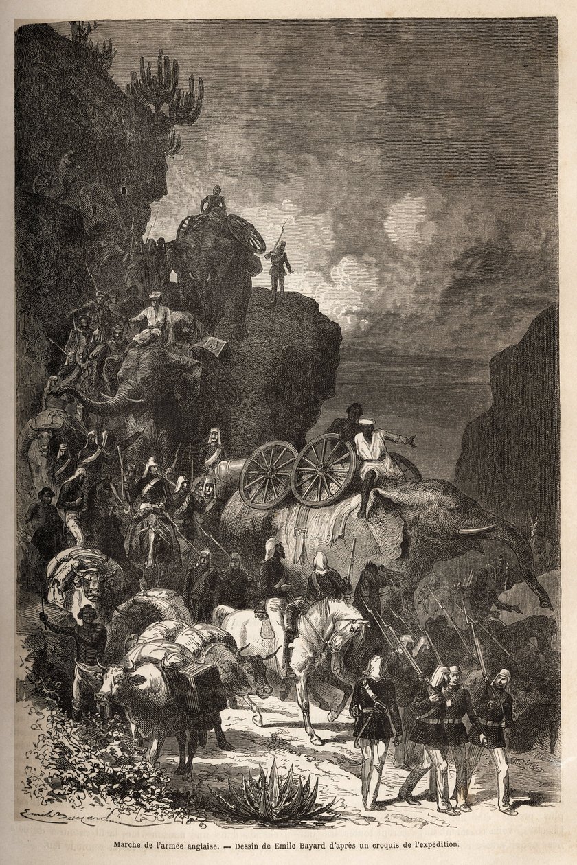 Marcha do exército inglês em direcção ao planalto Dalanta, seguindo as tropas do Imperador Theodoros (cerca de 1818-1868), com elefantes para o transporte de peças de artilharia. Gravura para ilustrar a história "les captifs de Theodoros", do Doutor Henry  de Unknown artist