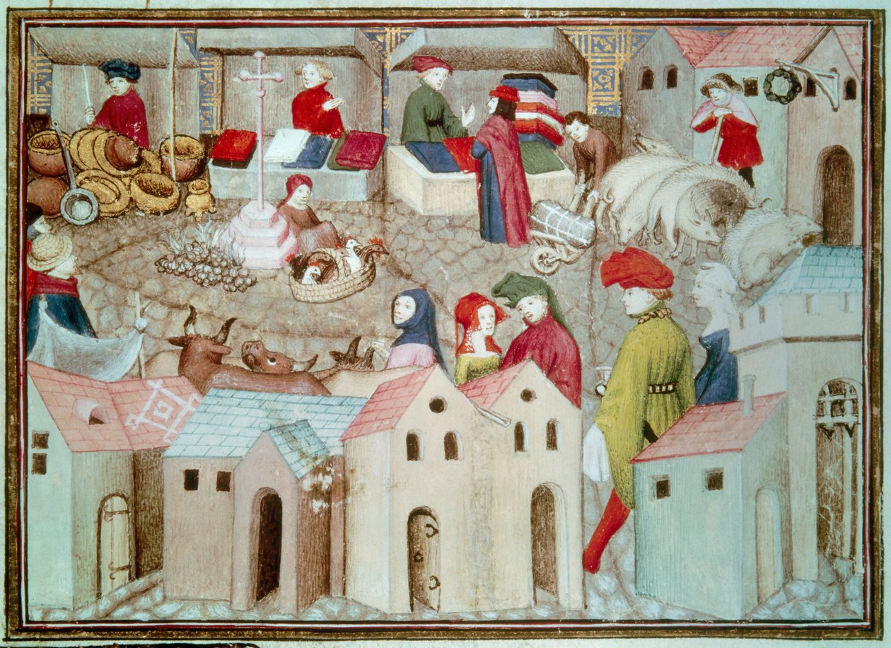 Marche de Champeaux em Paris Betail e comerciantes de aves, drapers. Miniatura tirada de "The Wandering Knight" de Thomas de Saluces (Tommaso III di Saluzzo), cerca de 1403-1404. Paris, B.N. de Unknown artist