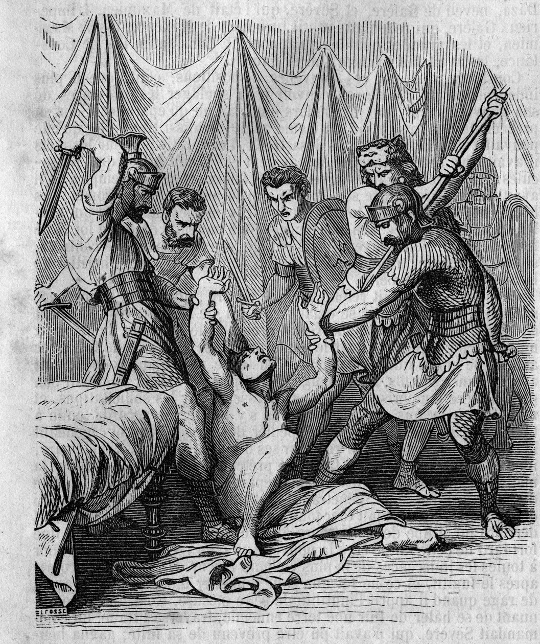 Marcus Hordeonius Flaccus senador romano massacra por seus próprios soldados no século I. Gravura do século XIX. de Unknown artist