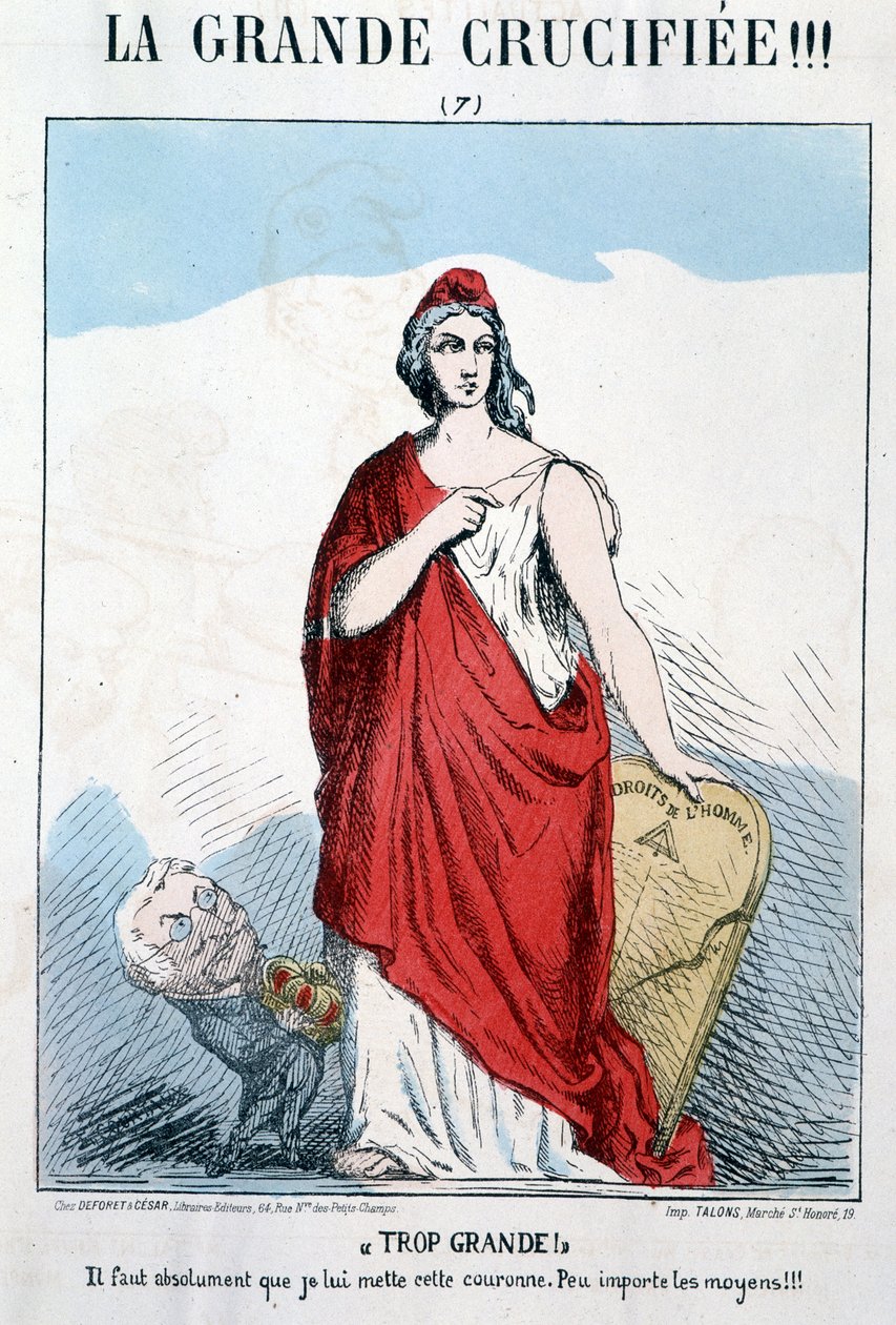 Marianne segurando os Direitos Humanos na mão a quem Thiers quer colocar uma coroa - Caricatura de Unknown artist