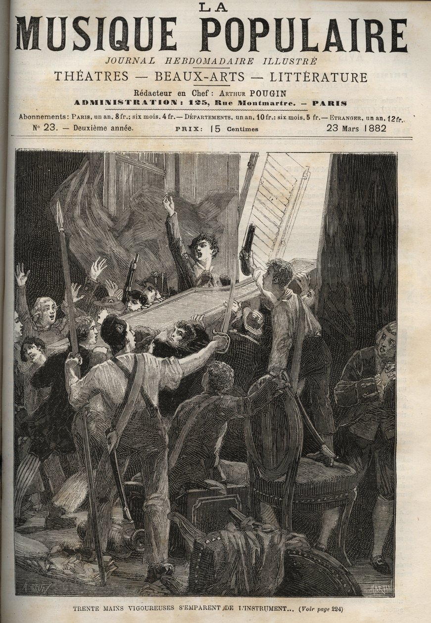 O cravo de Marie-Antoinette Histoire de 1834 "Trinta mãos vigorosas agarram o instrumento..." sob os olhos horrorizados do afinador da rainha, à direita. de Unknown artist