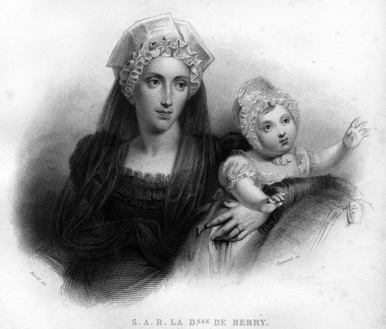 Marie - Caroline de Bourbon Sicily, Duquesa de Berry (1798-1870) em vestido de viúva, segurando sua filha Louise Marie Therese de Artois (1819-1864). Gravura a partir de 1820. de Unknown artist